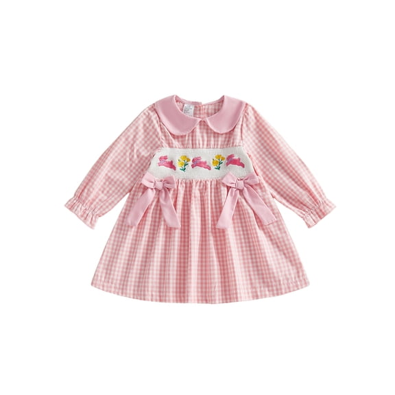 BemeyourBBs Kids Toddler Baby Girls Easter Dress Outfits Puff Long Sleeve Doll Collar Plaid Embroidery Bunny Summer Dress Spring Clothes