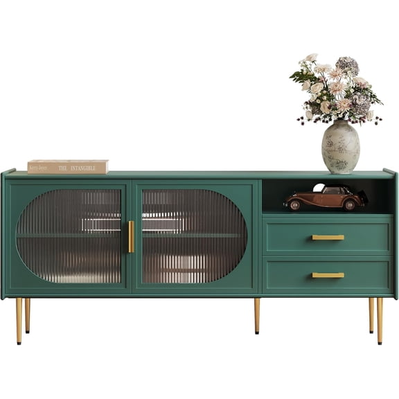 ARTPOWER Modern 60” TV Stand for 55/60/65 inches TVs, Glass Door TV Cabinet with Drawers, Entertainment Center with Storage, Green Television Stands, Wood Media Console Table for Bedroom, Living Room
