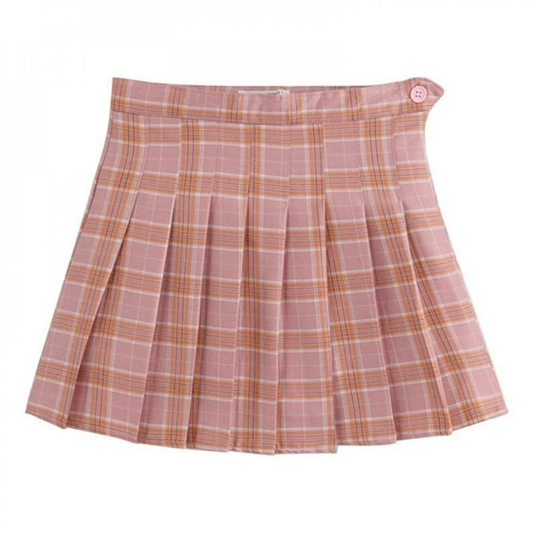 Women s Casual High Waist Plaid A Line Pleated Mini Skirt Japan School Skirts with Shorts Size 0 10 Cosplay Costumes Skirts Pink XXS L