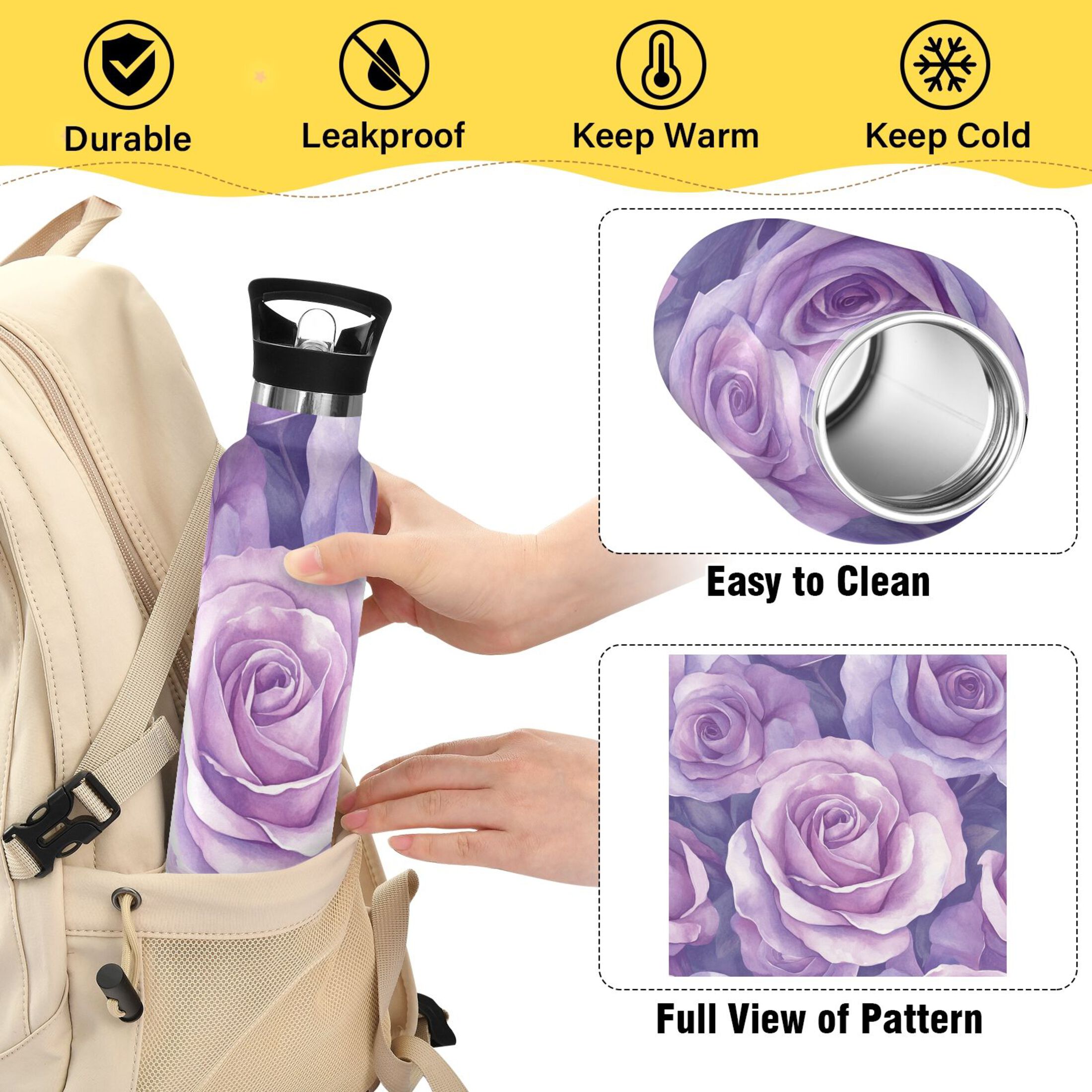 600ML Stainless Steel Insulated Cup Sports Water Bottle Portable Thermos Cup Water Glasses Insulated Tumblers Convenient and Durable Lavender Roses
