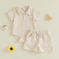 thumbnail image 2 of Xudanell Baby Boy Outfit Newborn Infant Soft Outfit Solid Color Button Top Drawstring Shorts 2 Piece Sets Beige 6-12 Months, 2 of 7