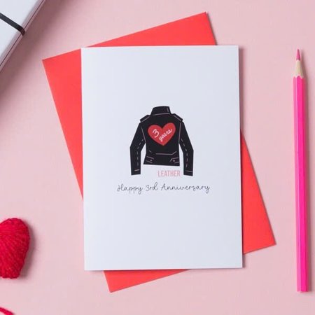Leather Anniversary Card – Happy 3rd Anniversary – Unique Jacket Design – Envelope Included – Perfect for Couples Celebrating Leather Gift Theme