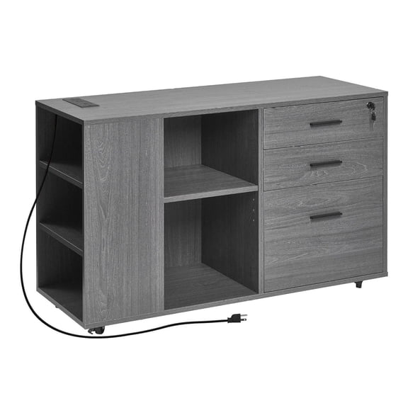 3 Drawer File Cabinet Mobile, Wooden Filing Cabinet with Power Strip - Gray Office Storage