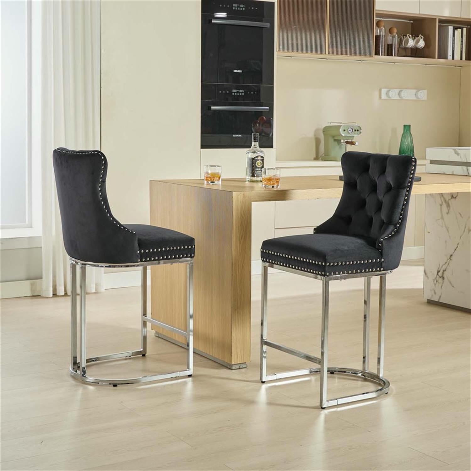 Demi Bonn 38" Counter Height Bar Stools Set of 2, Velvet Barstools with Button Back, Kitchen Island Countertop Chairs for Dining Room, Black