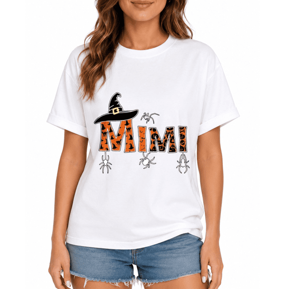The Halloween Mimi pattern T-shirt features witch hats, spiders and pumpkin designs, and is suitable for Halloween.