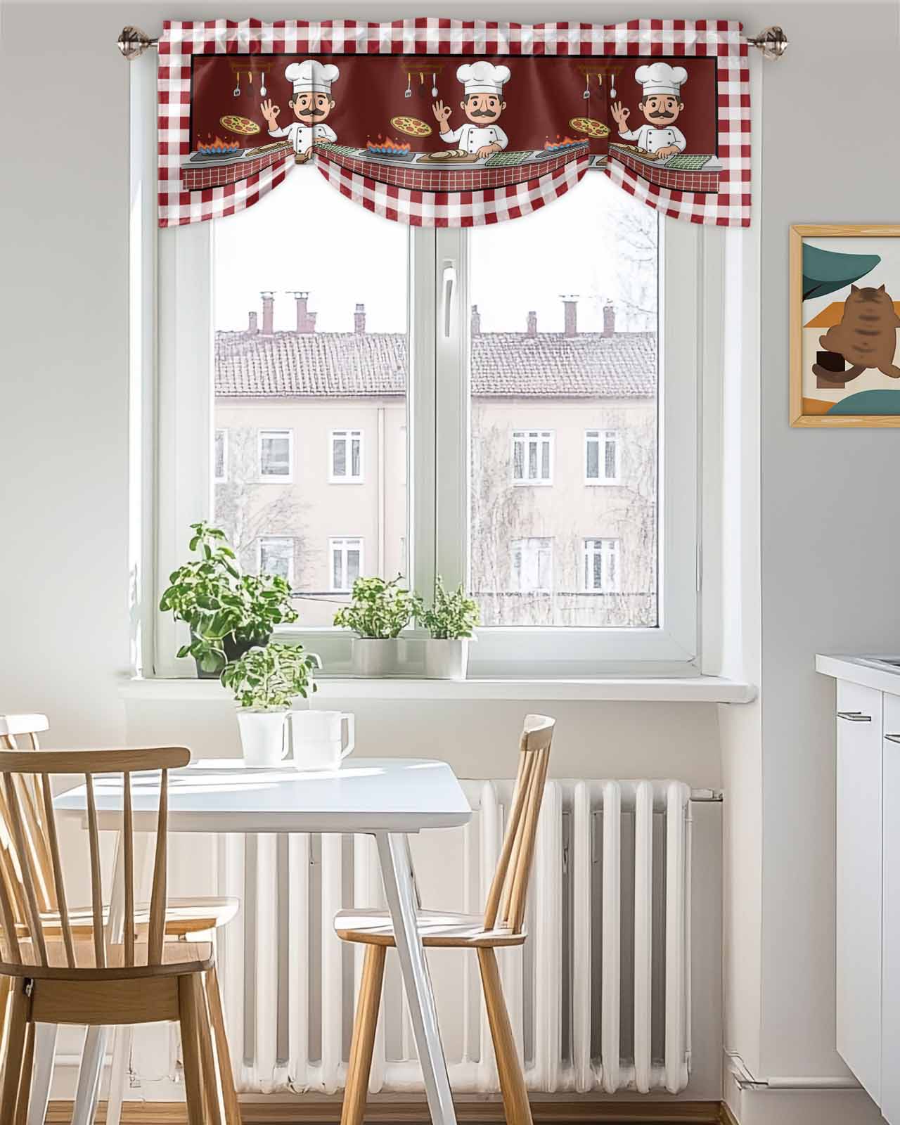 Chef Gourmet Kitchen Tie Up Valances Curtain, Adjustable Kitchen Knife And Fork Red Plaid Valances for Windows Decor, Rod Pocket Short Curtains Set for Bedroom/Bathroom, 54"x18"