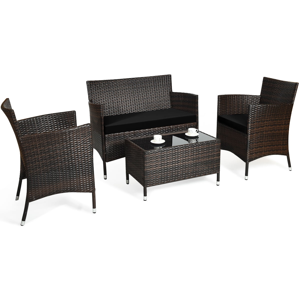 Patiojoy 4PCS Patio Rattan Wicker Furniture Set Sofa Chair Table Set W/ Black Cushions