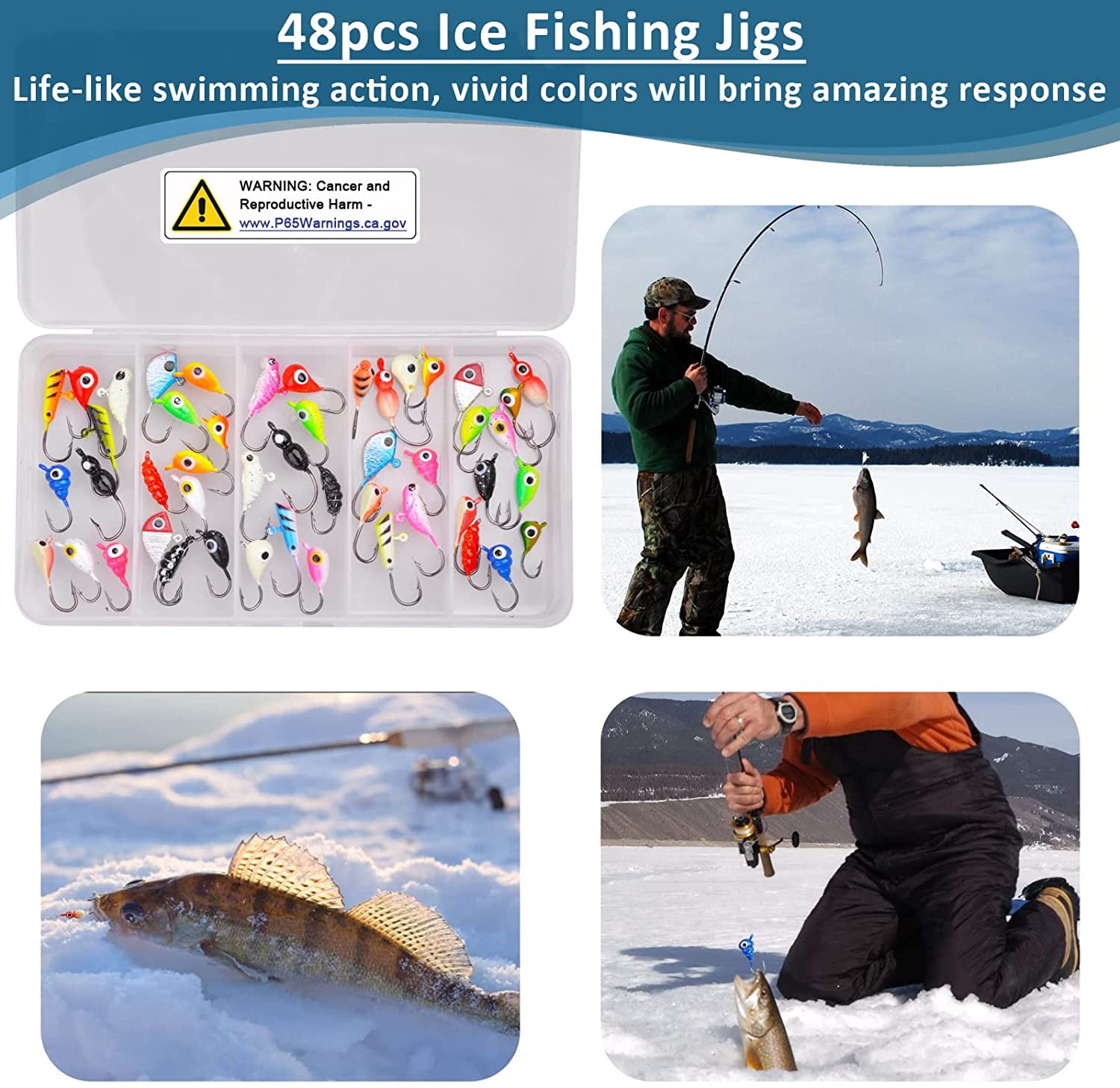Fishing Lures Ice Fishing Jigs 48pcs Ice Fishing Gear Small Jigs Head Panfish Crappie Jigs Ice Fishing Jigging Lures Kit