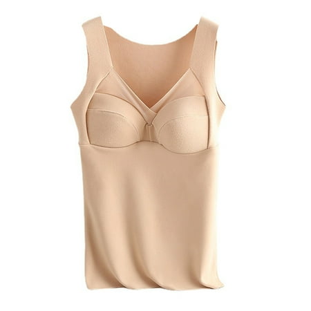 Removable Padded Bra Vest Sleeveless Thermal Shirts for Women in Bra V Neck Vest Underwear warm vest with cushion -Skin color