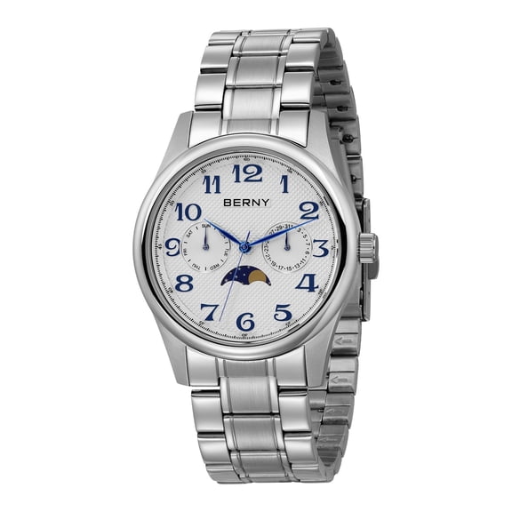 BERNY Silver Watch for Men, Fashion Moon Phase Watches with Arabic Numerals Dial, Date Day Calendar, 3ATM Waterproof, Classic Business Quartz Analog Mens Wristwatch, White