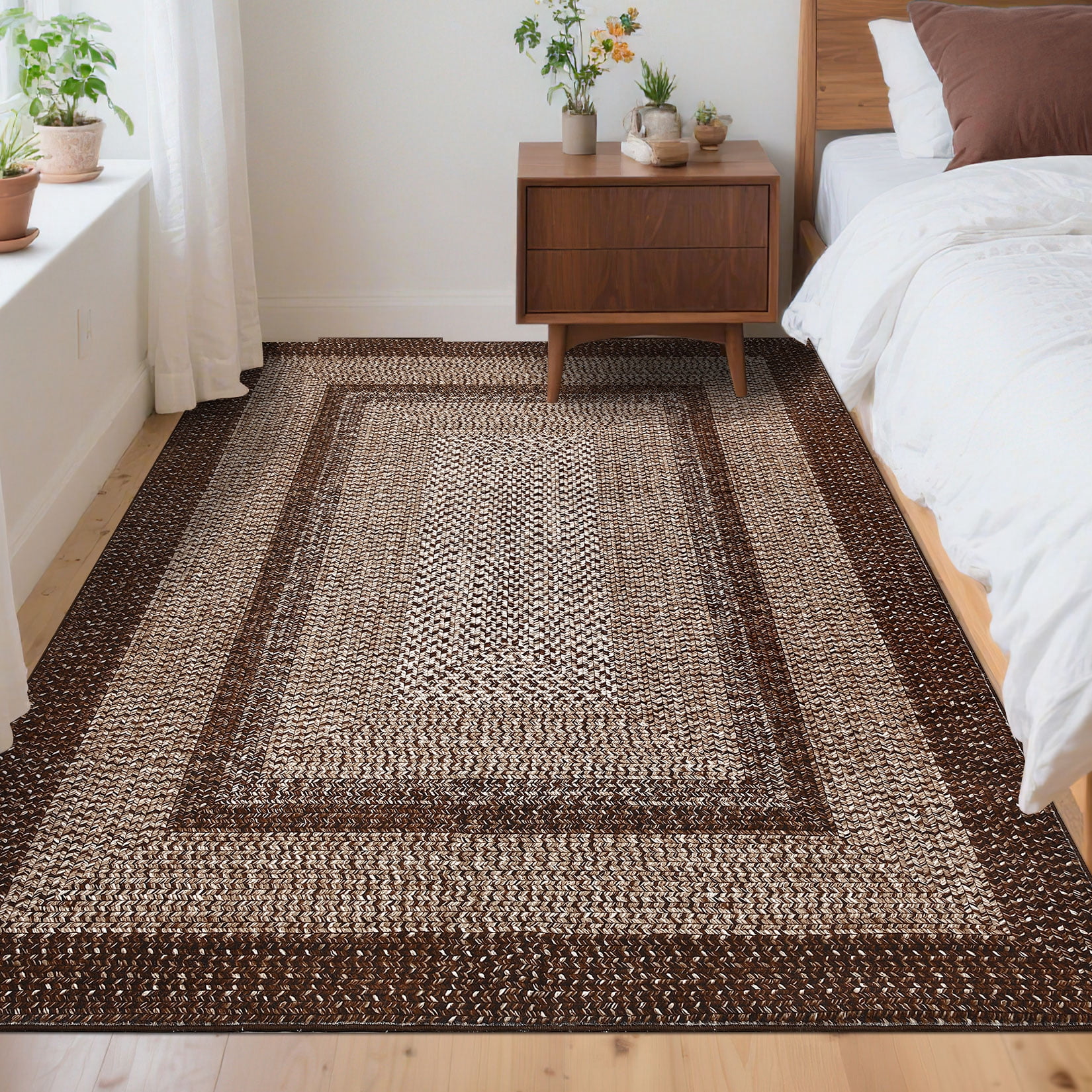 GlowSol 8'x10' Area Rug Washable Modern Braided Print Rugs for Living Room Bedroom Non Slip Low Pile Floor Carpet, Brown
