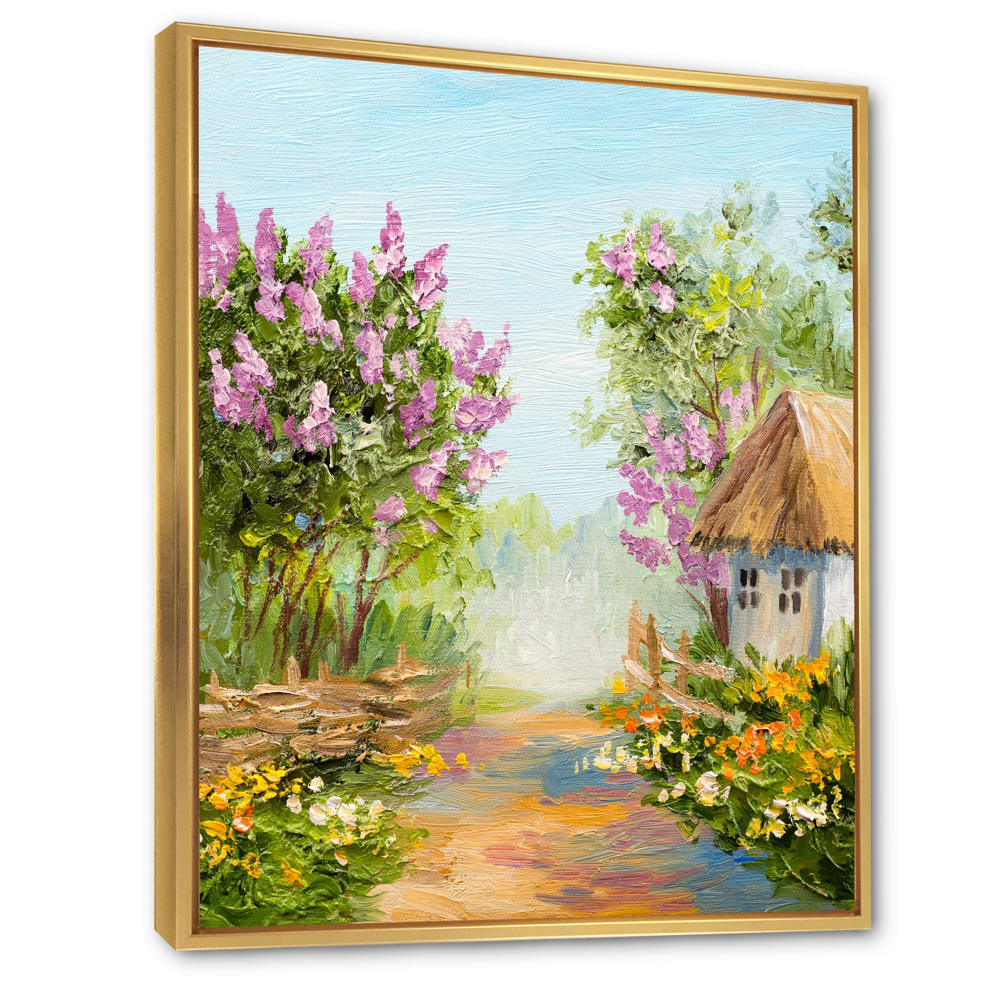 Designart 'Little House In The Blossoming Flowers Forest' Lake House Framed Canvas Wall Art Print