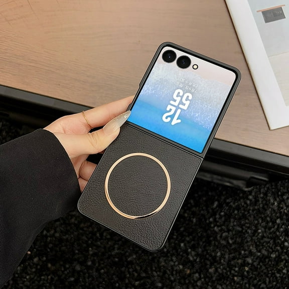 ELEHOLD Case for Samsung Galaxy Z Flip 7, Slim Shockproof Magnetic Leather Phone Case Hybrid Cover, Wireless Charging Compatible,Black