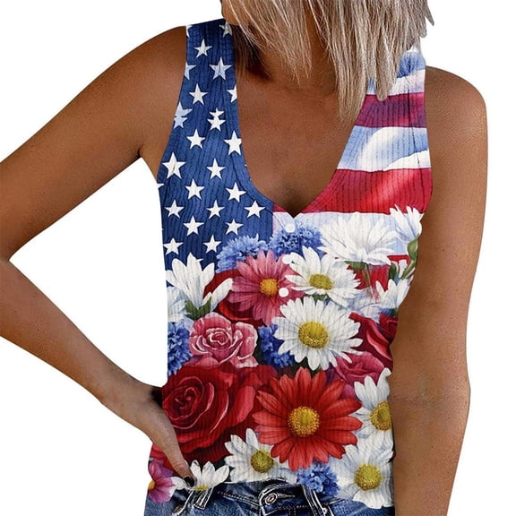 SELONE Tank Tops Women Memorial Day Plus Size Sleeveless V Neck Button Fourth of July Apparel Red White Blue Wear Clothes Gifts Activewear L