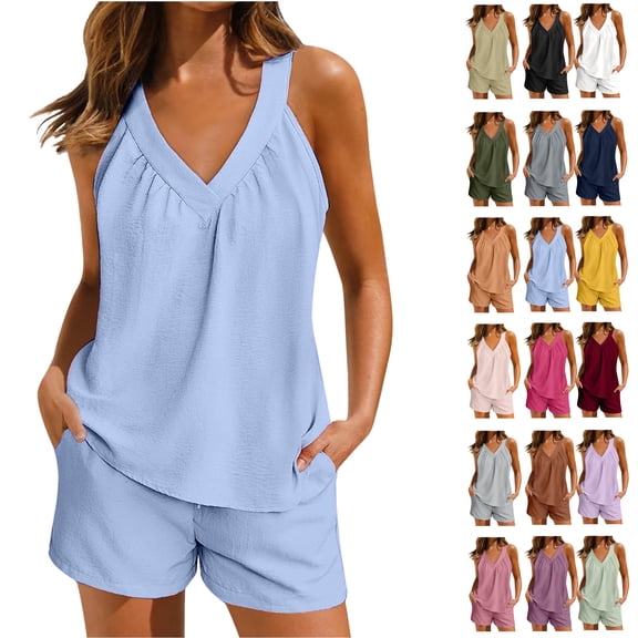 Feancey Lounge Sets for Women Soft Pajama 2 Piece V Neck Sleeveless Pjs and Shorts Matching Set Cute Sleepwear Loungewear Outfits with Pockets Light Blue L