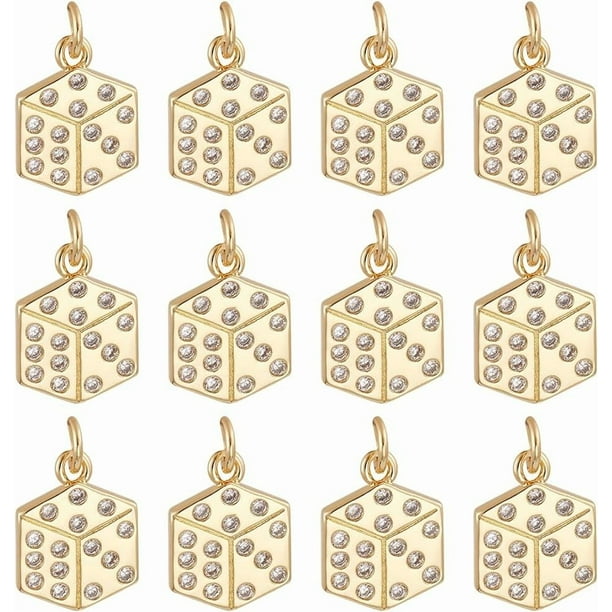 12 dijes de latón chapados en oro de 18 quilates con forma de dados y lazo de concientización. Ideales para crear aretes, pulseras y collares.