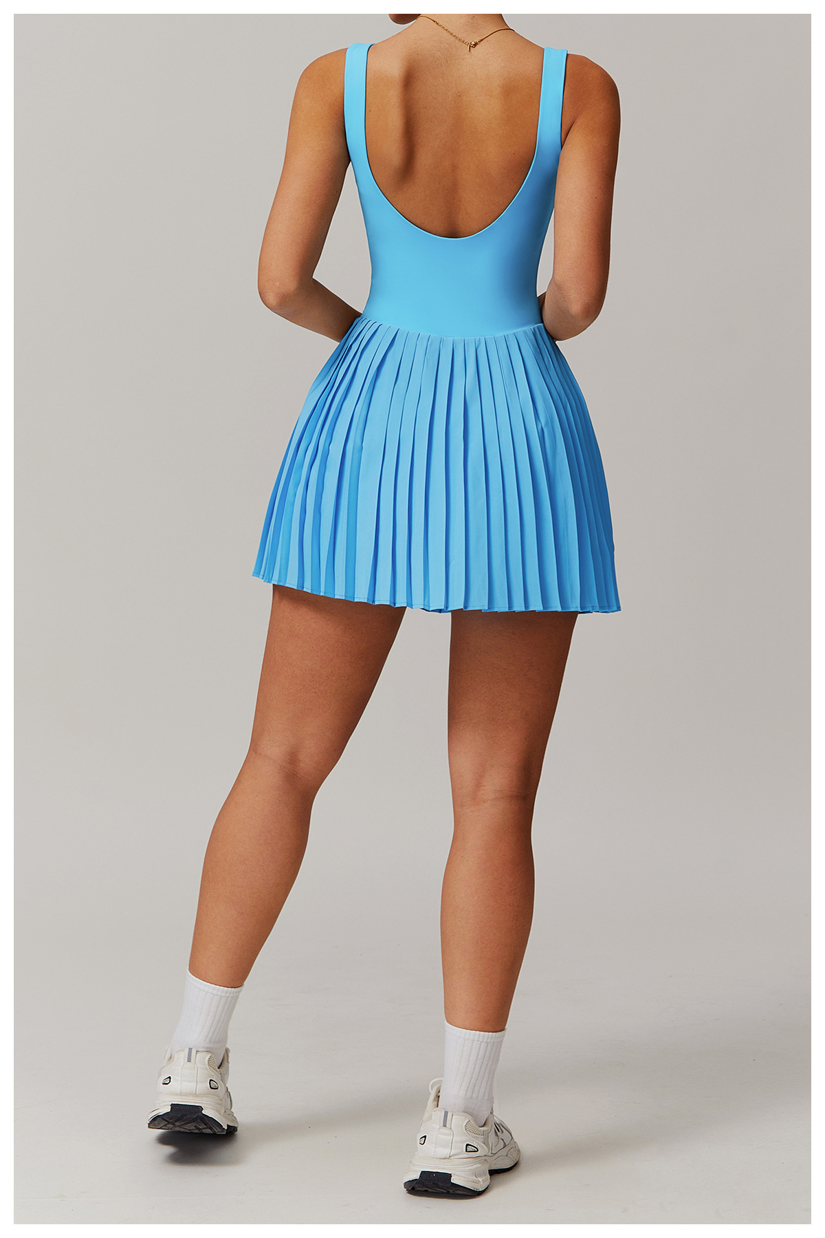 PISONIC Womens Tennis Golf Dress with Built-in Bra Shorts Backless Square Neck Pleated Hem Athletic Dresses with Pockets