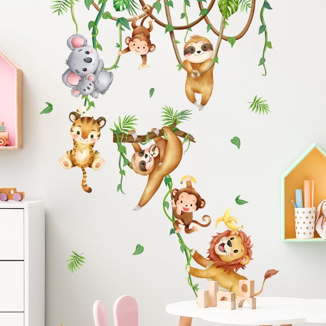 Calcomanías de pared de animales de la selva, pegatina de pared de Safari, decoración de pared de mono, León, habitación de niños, guardería, sala de estar