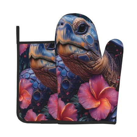 

Jgfou Realistic Flower Turtle Pattern Oven Mitts and Pot Holders Sets Heat Resistant Oven Mittens Soft Lining Extra Thicken Long Kitchen Cotton Oven Glove for Cooking