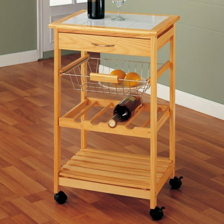 High Unfinished Oak Kitchen - Neu Home Kitchen Cart with Basket, Pine