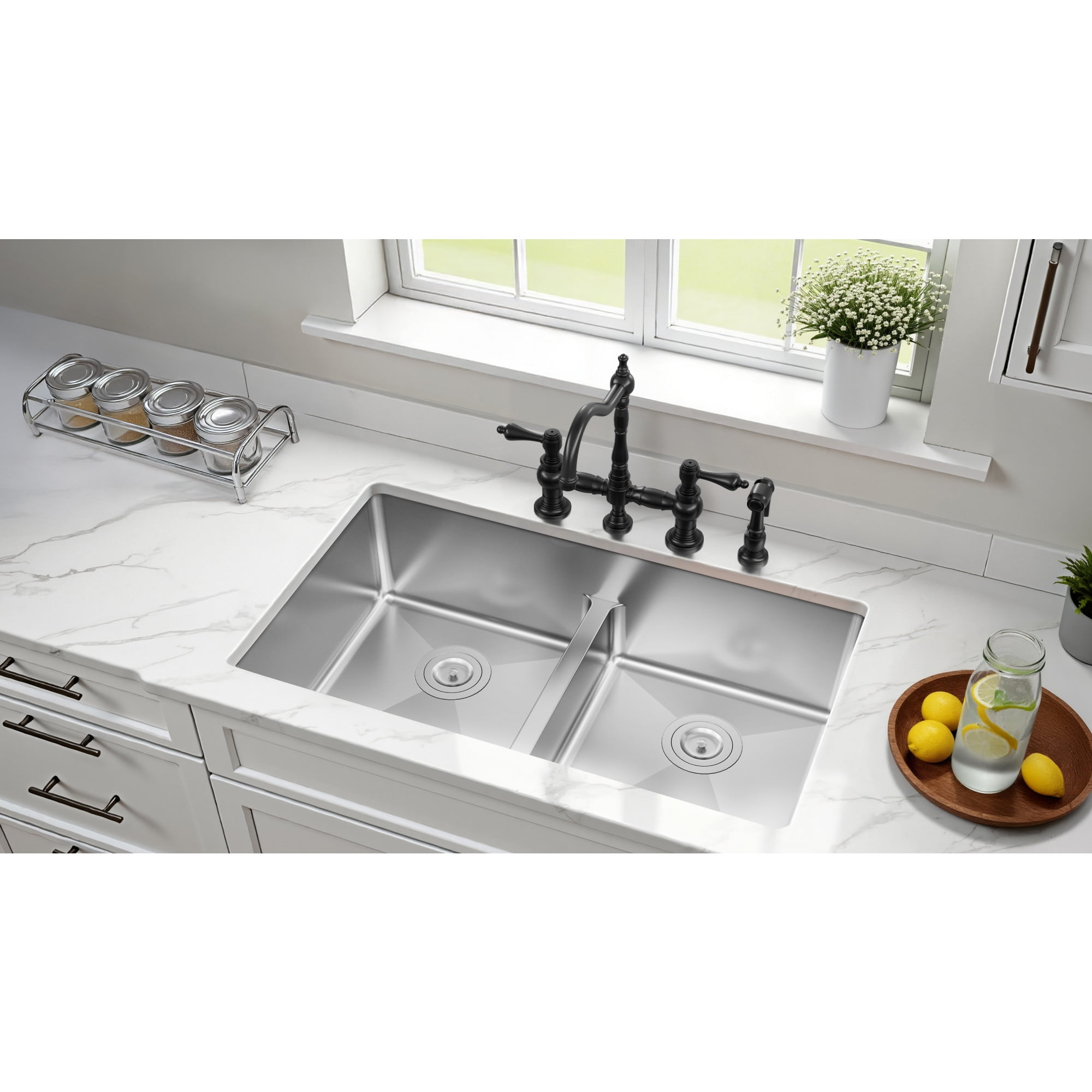 Kingston Brass GKDD332294LD Quebec 33-Inch Stainless Steel Double Bowl Dual Mount Kitchen Sink with Drain in Brushed