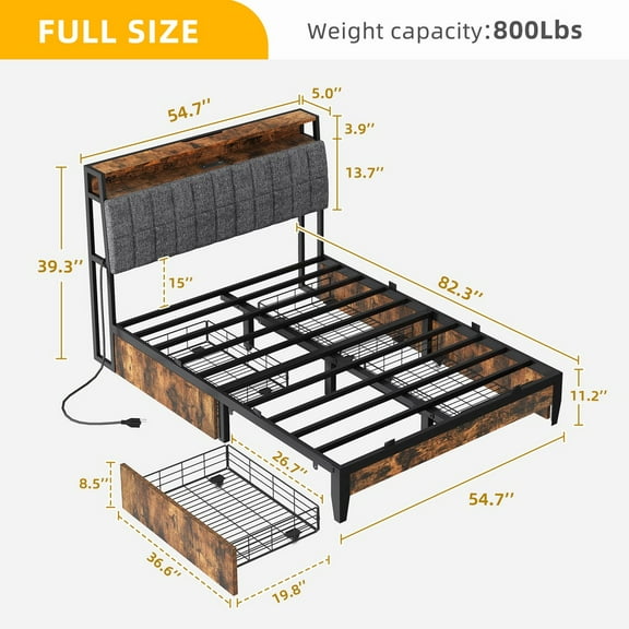 VibrantEcho Full Size Bed Frame, Metal Platform with Storage Drawers, Headboard & USB Ports