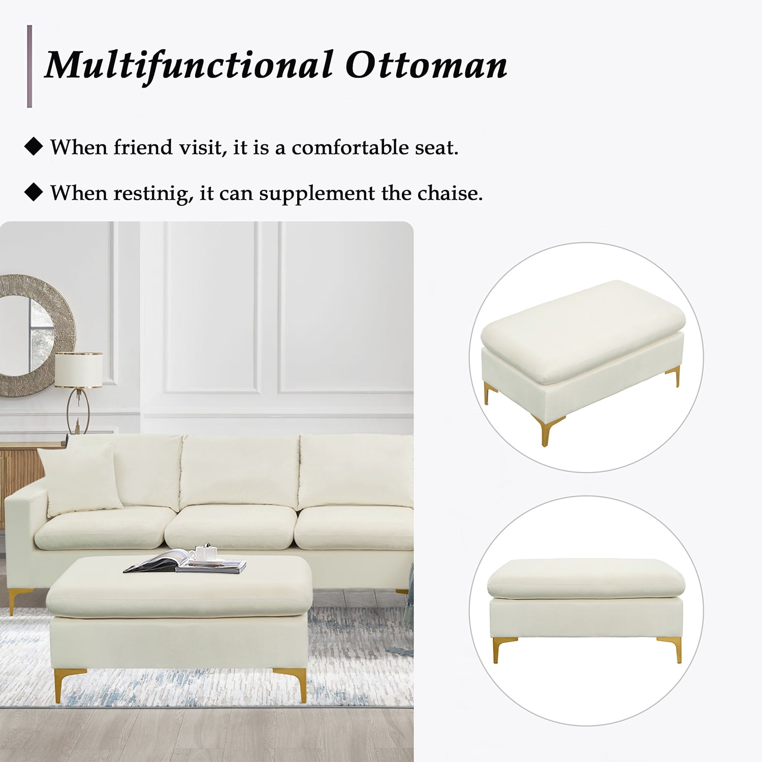 Kadyn 110.6" Sectional Sofa, L-Shape Elegant Velvet Couch with Ottoman and 2 Pillows, Upholstered Sectional Sofa for Living Room Apartment,Cream White Kadyn 110.6" Sectional Sofa, L-Shape Elegant Velvet Couch with Ottoman and 2 Pillows, Upholstered Sectional Sofa for Living Room Apartment,Cream White