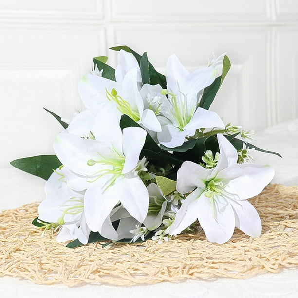 Ramo de lirios artificiales de seda | Arreglo floral artificial para decoración del hogar | Centro de mesa de 35 cm para sala de estar | Incluye 1 pieza en azul, rojo, amarillo, blanco o rosa