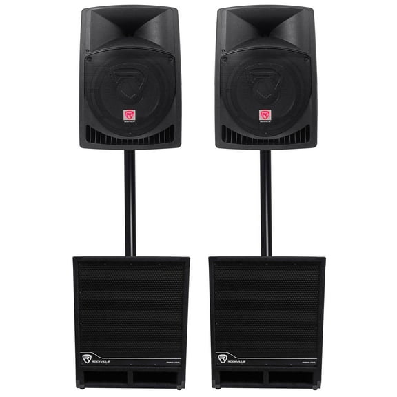 (2) Rockville RPG12 12" Powered 1600w DJ PA Speakers (2) 15" Powered Subwoofers