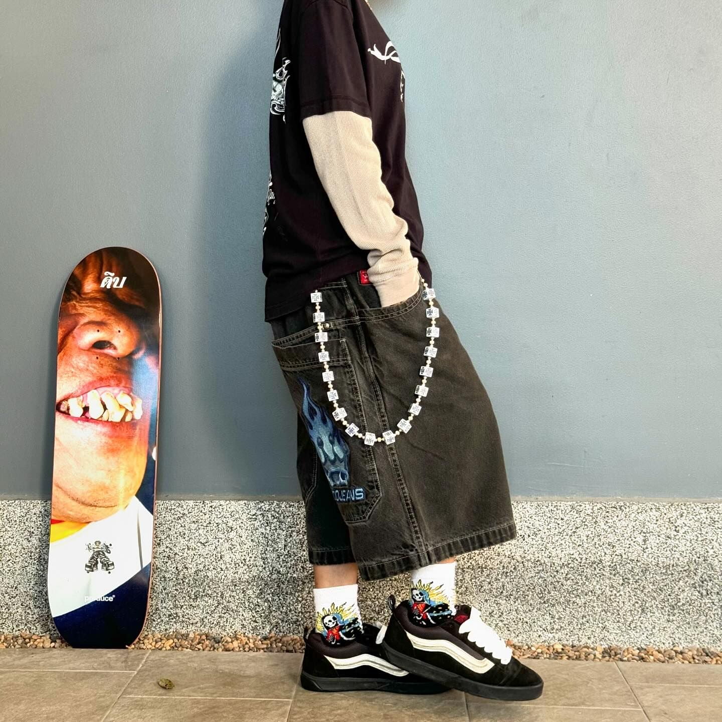 Hip Hop Retro Flame JNCO Shorts Y2K Embroidery Retro Denim Gym