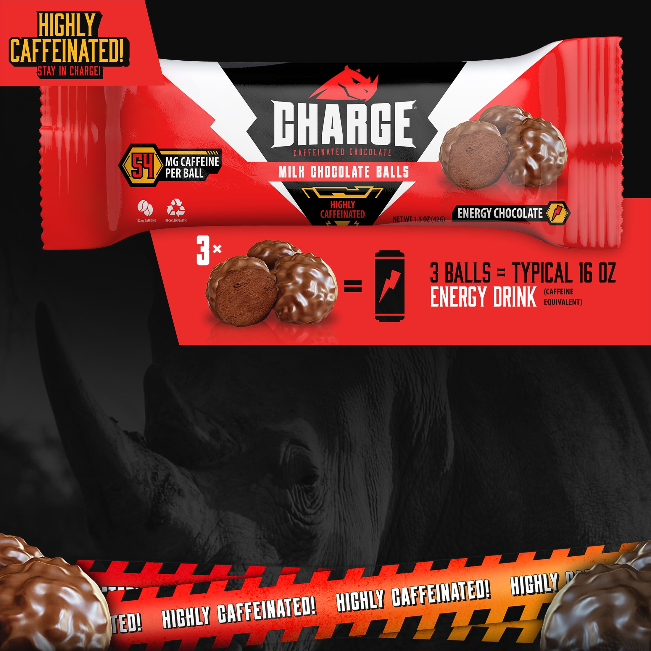 3 Count, Charge Chocolate Milk Chocolate, Highly Caffeinated, Individually Wrapped Ball, 54mg of caffeine, 1.5 oz