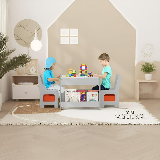 Kojooin Kids Table and Chair Set, 4 In 1 Wooden Activity Table & 2 Chairs With Storage Drawer Detachable Tabletop for Toddlers Kids Drawing, Reading, Crafts, Art,Homework, Nursery, Playroom,Classroom