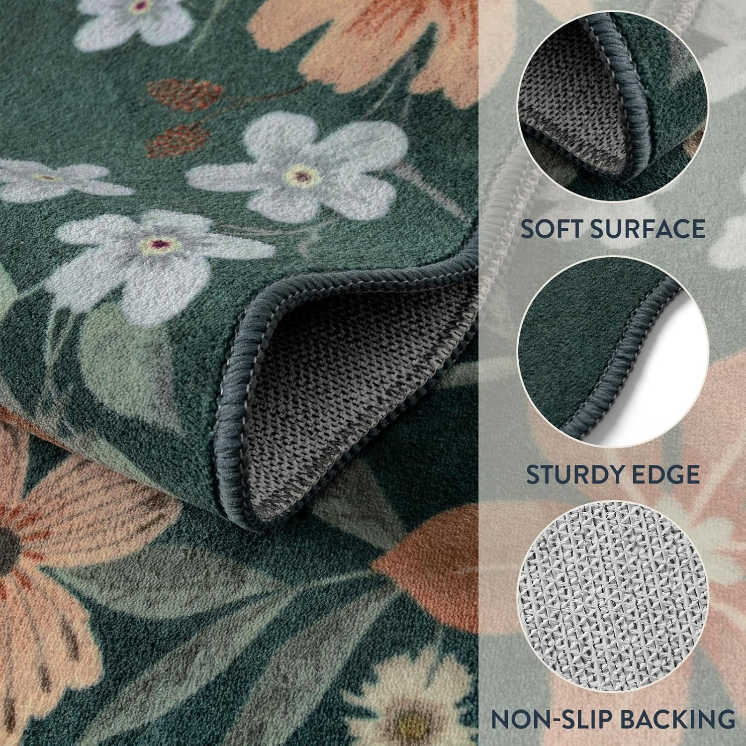 Moynesa 8'x10' Floral Washable Area Rugs, 8x10ft Soft Bedroom Large Rug for Living Room Ultra-Thin Non Slip Dining Room Rug, Stain Resistant Boho Rugs Easy Clean Throw Carpet for Office,Dark Green