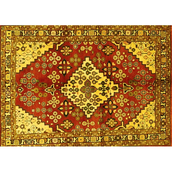 Ahgly Company Machine Washable Indoor Rectangle Medallion Yellow Traditional Area Rugs, 8' x 10'