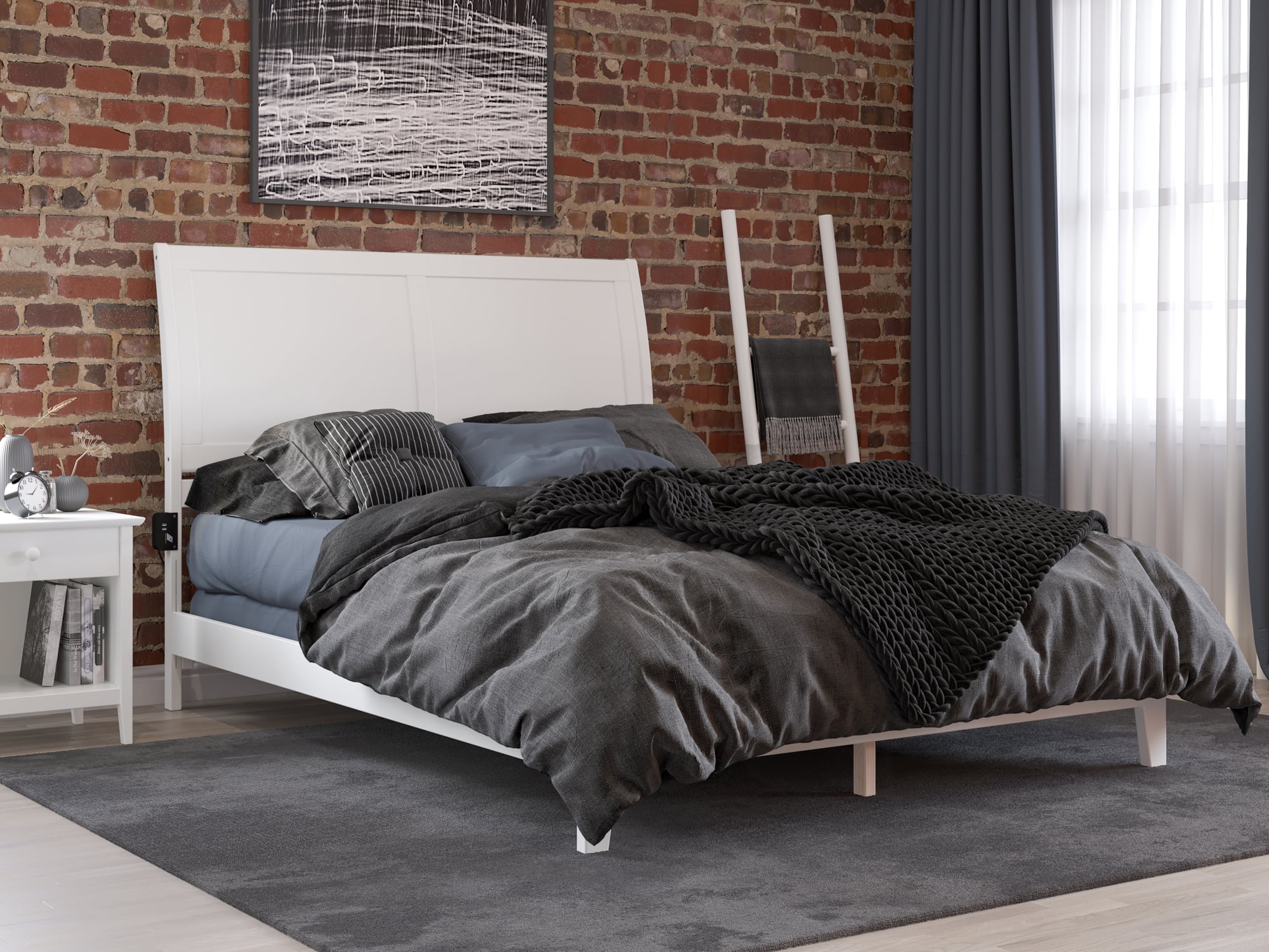 AFI Portland Queen Low Profile Wood Platform Bed Frame with Sleigh Headboard, White