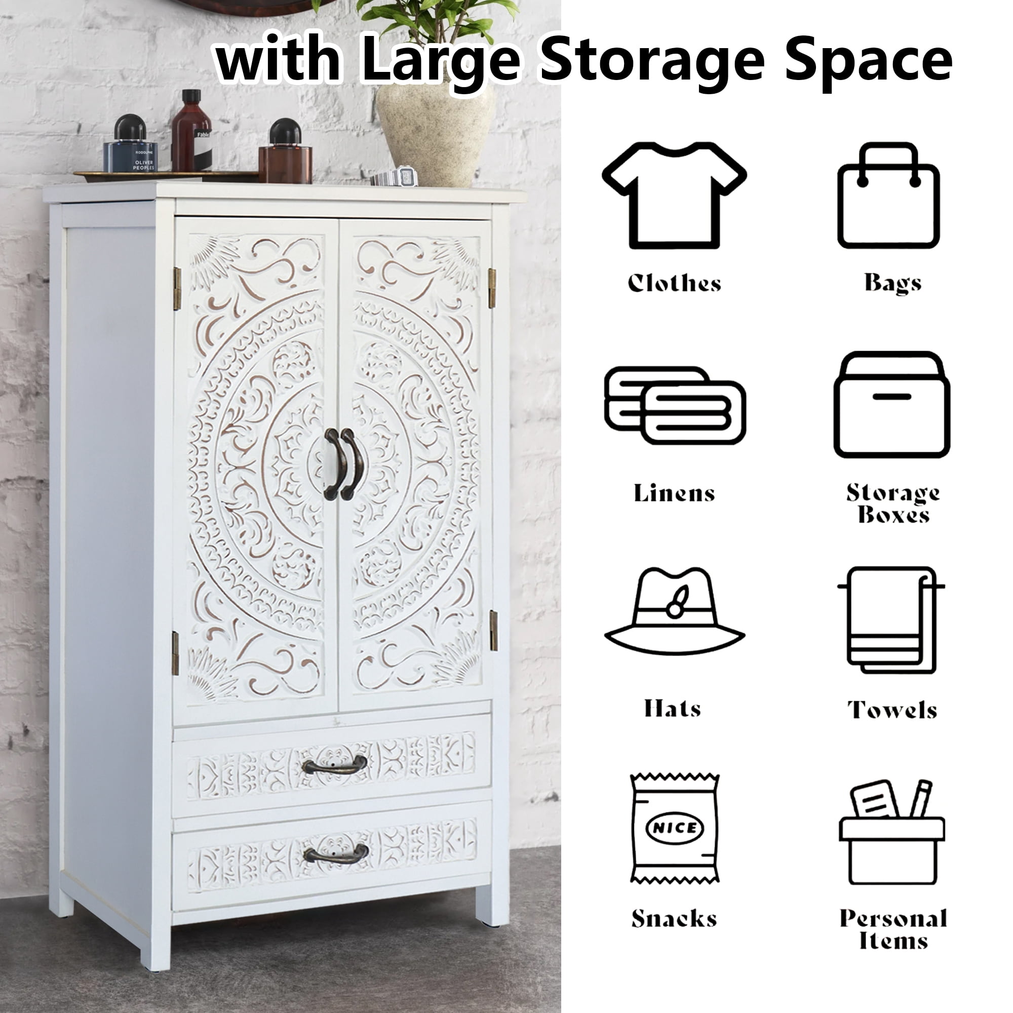 HIUU 48" White Storage Cabinet with Doors and Shelves,Farmhouse Kitchen Pantry Cabinet with Drawers,Bathroom Storage Cabinet with Chic Wood Grain