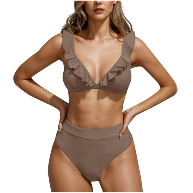TACILIP Womens High Waisted Bikinis Set Ruffle Swimsuits V Neck Bathing Suit 2 Piece for Women