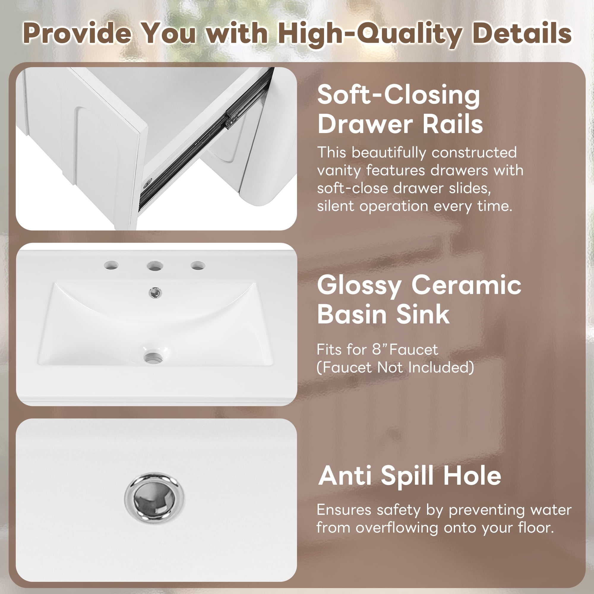 30" Modern Floating Bathroom Vanity with Oval Knobs & Round Edge, Soft-Close Drawer Slides, Bathroom Cabinet with Ceramic Sink