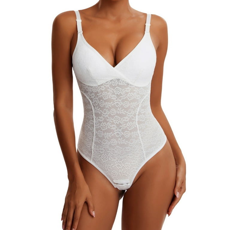 Joyshaper Shapewear Bodysuit for Women with Bra Tummy Control Thong Body  Shaper Sexy Lace Fajas(White-L) 