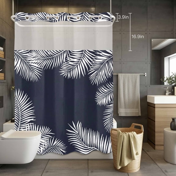 No Hook Shower Curtain with Snap in Liner, Tropical Palm Leaf on Navy Blue Waterproof Fabric Bathroom Curtain Mesh Top Window, Rustic Botanical Shower Curtains 72x84in