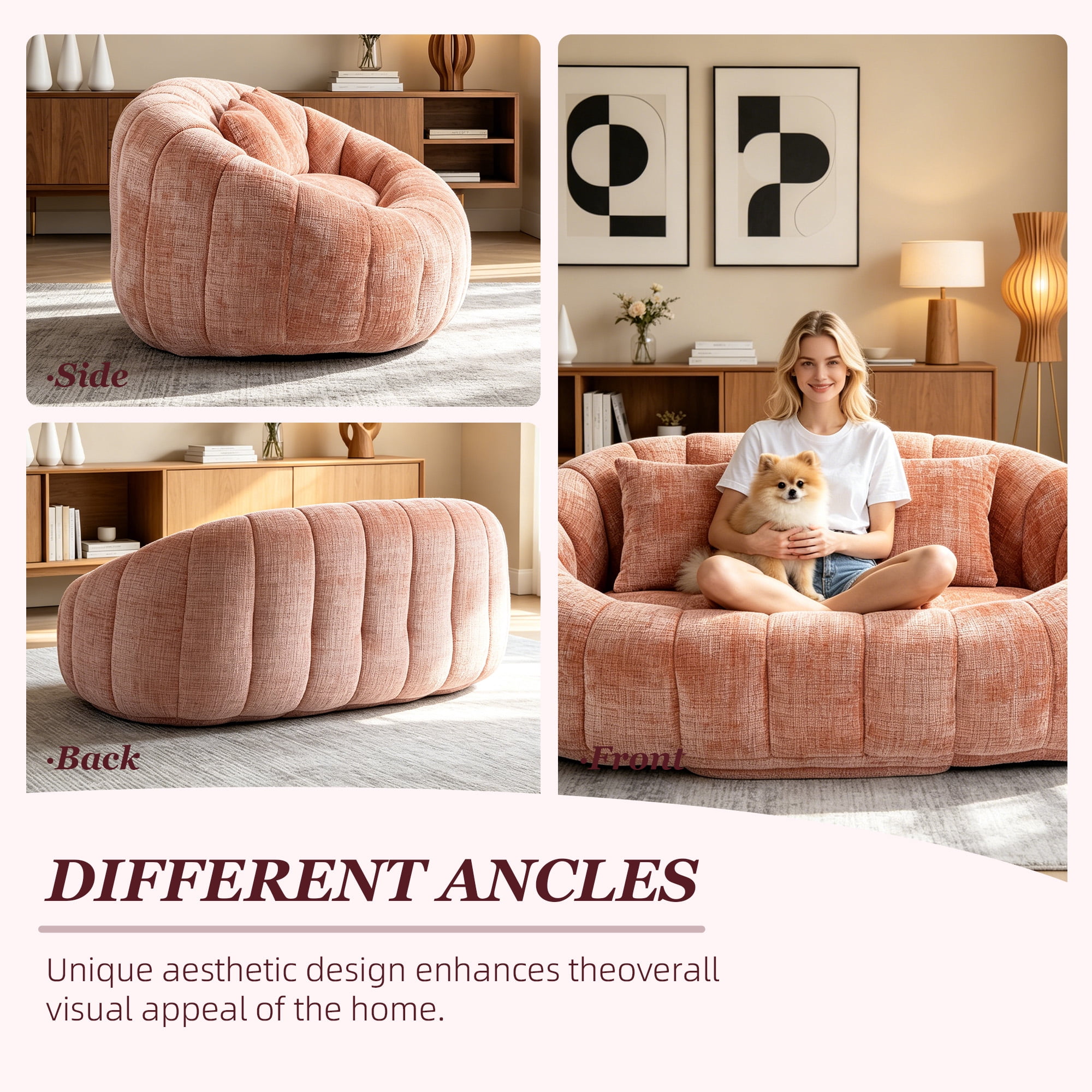 MOONMISS Large 59'' Bean Bag Chair for Adults,Chenille Shell-Shaped Couch with Two Pillows,Oversized Single Sofa,Pink