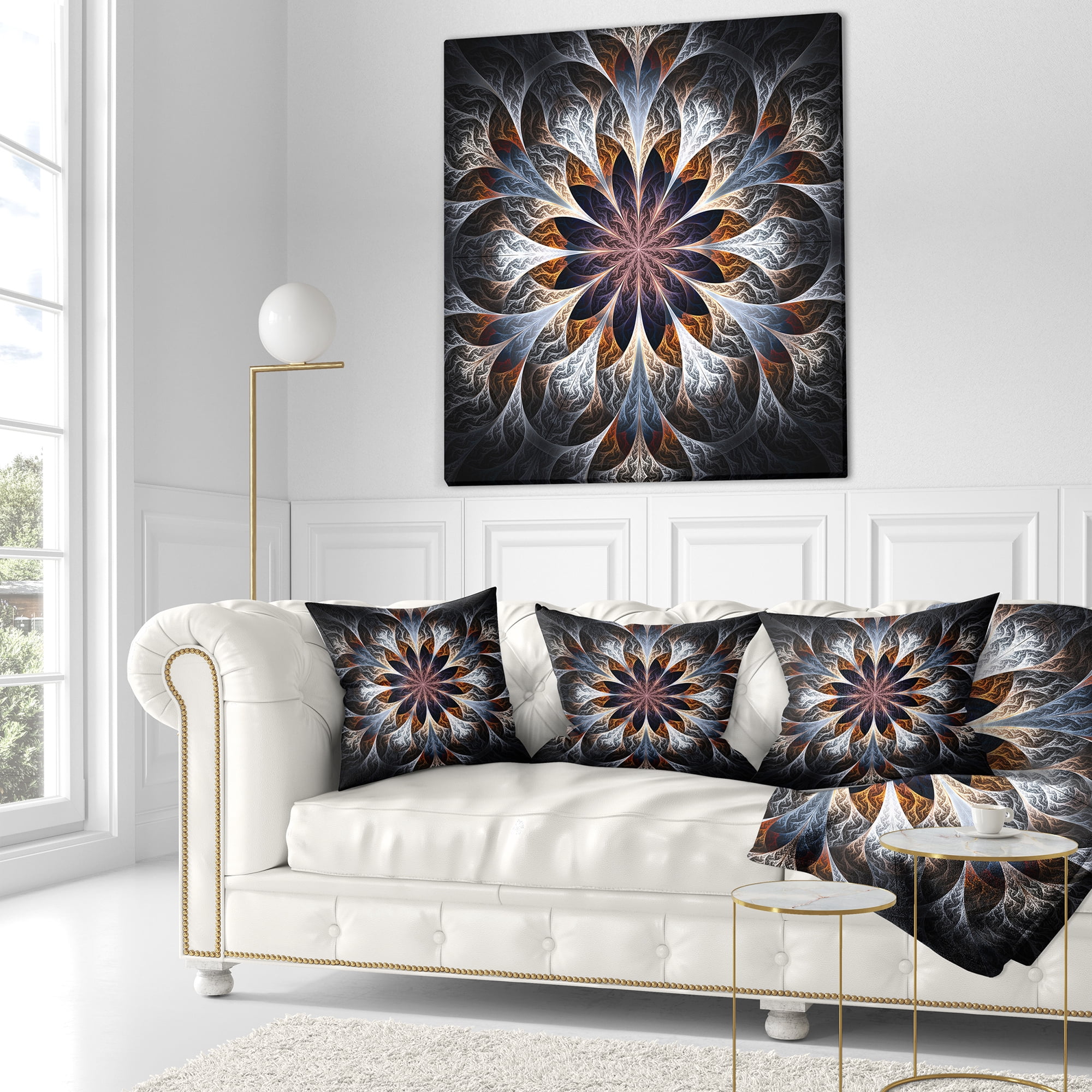 Designart Gray Brown Digital Art Fractal Flower - Floral Throw Pillow - 18x18