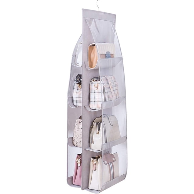 Purse Organizer for Closet – The Only Large, Medium, Small Handbag Holder Organizer with Innovative 8 Shelf Bag Storage System to Protect Handbags, Clutches and Wallet – gray