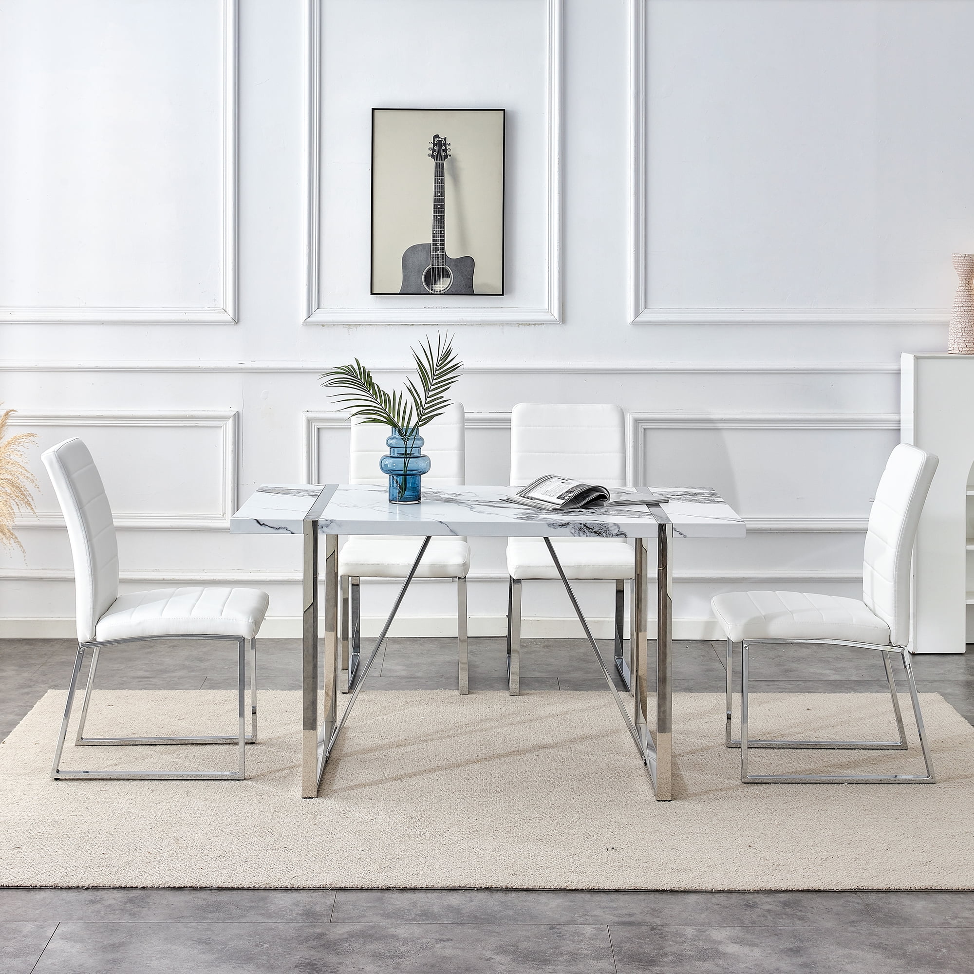 EUROCO 5PCS Faux Marble Dining Table Set,55.1" Longer Dining Room Table Set for 4 with MDF Tabletop,Stainless Steel Table and Chair Legs,4 PU Leather Chairs,Easy Clean and Waterproof Kitchen Set