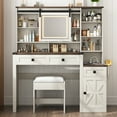 thumbnail image 2 of Blotout 47" Large Farmhouse Vanity Set with Stool and Sliding Mirror Lights, Rustic White Makeup Vanity Desk Set Dressing Table with Glass Tabletop, Power Outlet, Storage Shelves, 2 of 11
