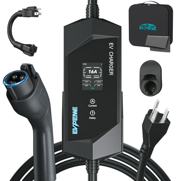 EVPEIWE Level 1/2 EV Charger 16A, 25ft, 110-240V Portable EV Charger with NEMA 14-50/NEMA 5-15 Plug