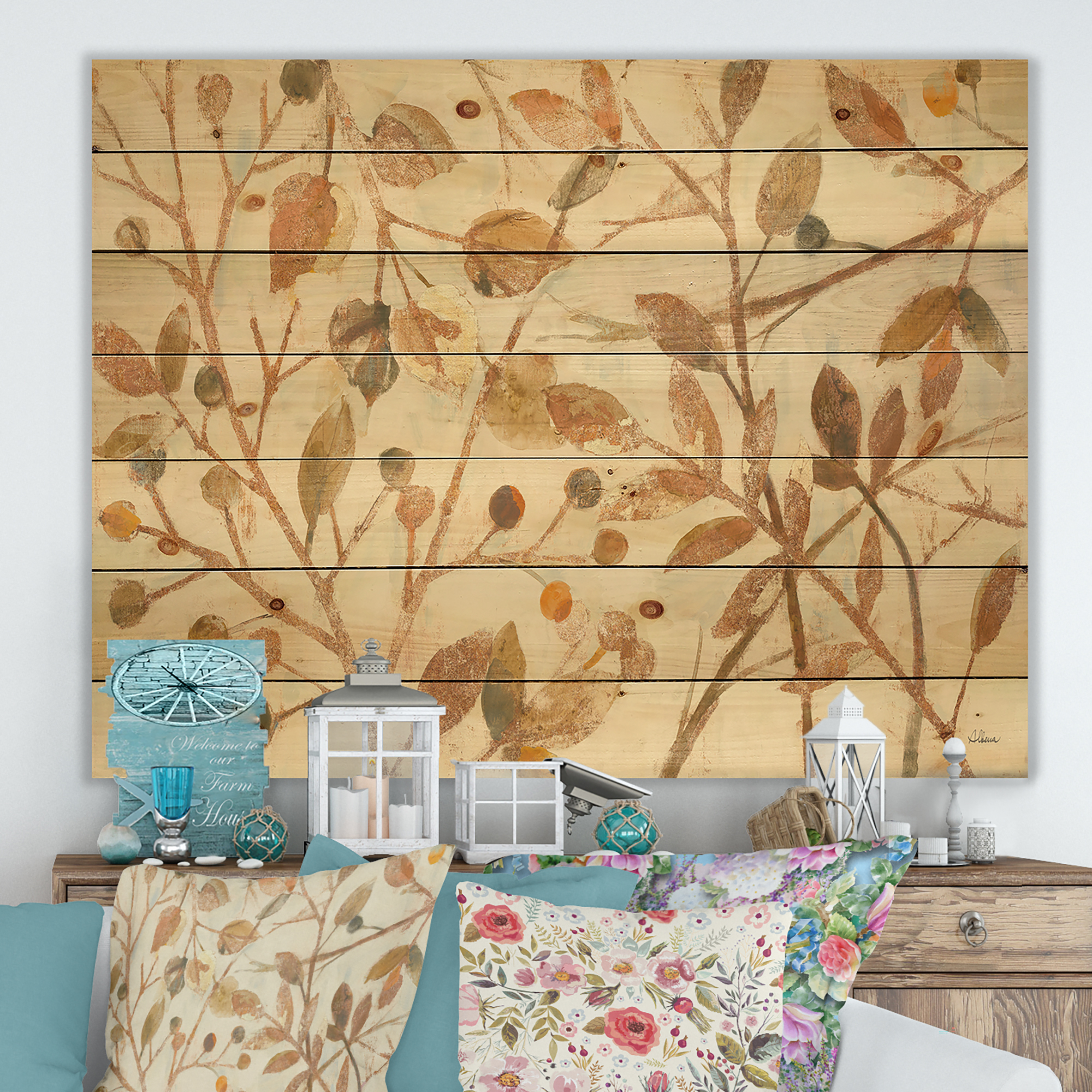 Designart 'Abstract Copper Branches Composition' Lake House Print on Natural Pine Wood