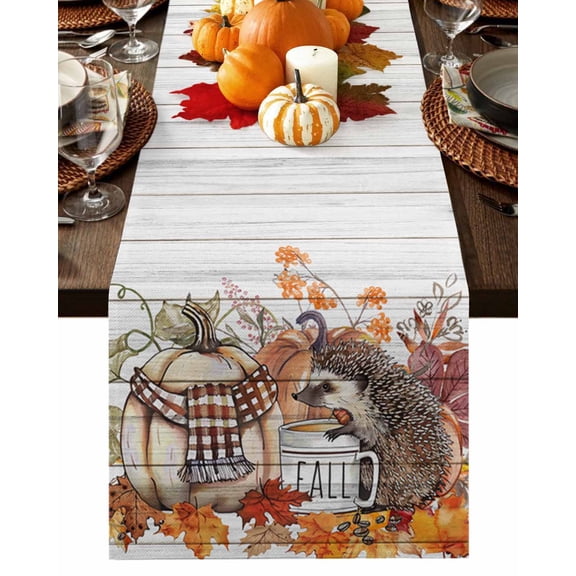 Table Runner Dresser Scarves 90 Inch Long,Farm Pumpkin Maple Leaves Hedgehog Linen Dining Table Runners
