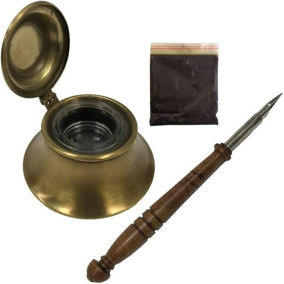 3" Antiqued Brass Inkwell Set with Removable Glass Bowl, Wood Nib Pen, and Black Ink Powder