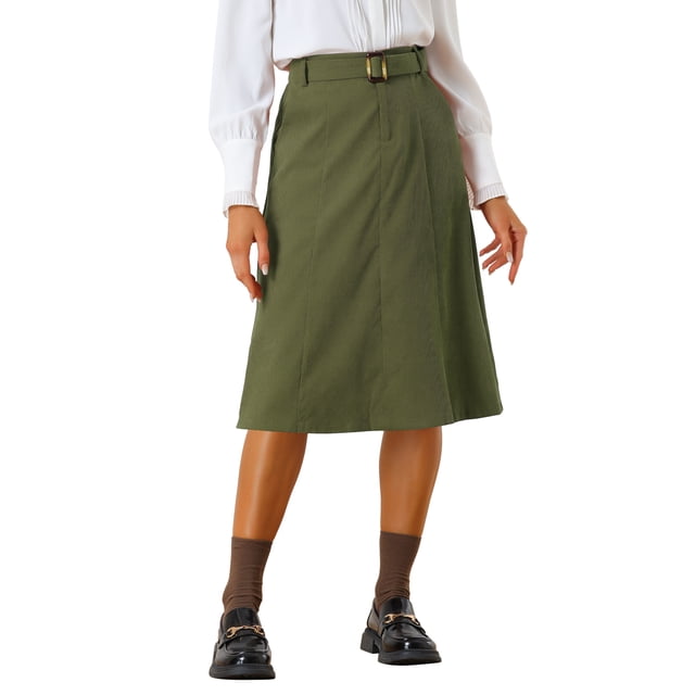 Falda A-Line de Cintura Alta Elástica para Mujeres INSPIRE CHIC, con Cinturón, Midi de Pana para Otoño Invierno, Talla XL, Verde Ejército